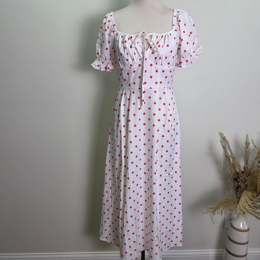 Rihoas Size S White Red Polka Dot Puff Sleeve Midi Dress